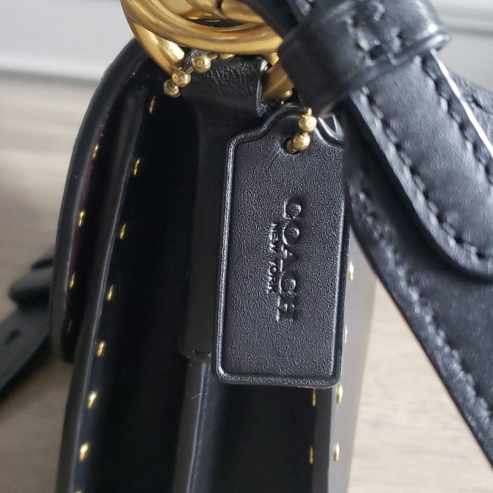 Coach Black Leather Studded Shoulder Bag with Gold Hardware - Picture 6 of 13